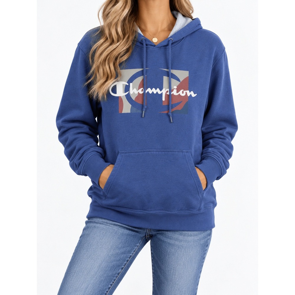 Champion Navy Blue Camo Box Logo Hoodie Sweatshirt Medium GF072021 Streetwear